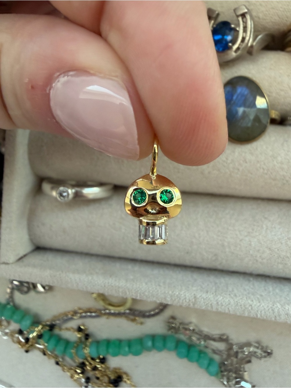 14k Gold Vermeil Emerald Eye Skull Charm